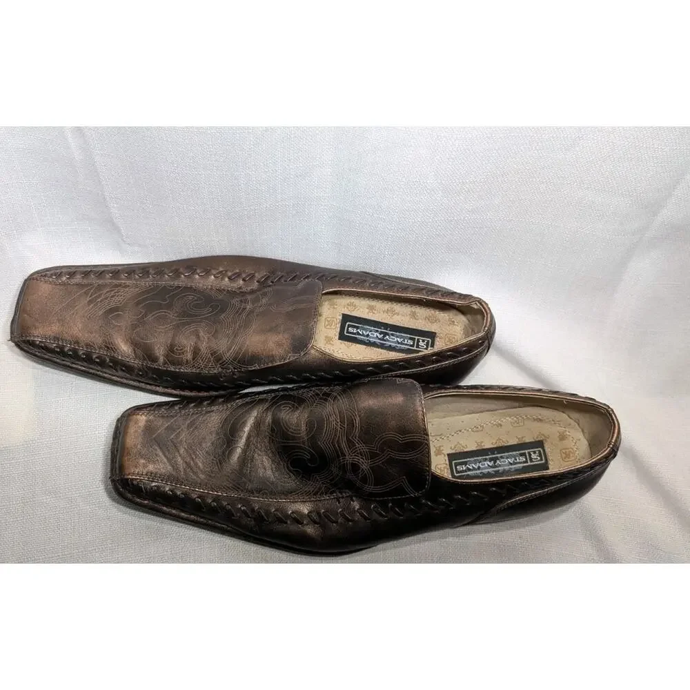 Stacy Adams Mens Western Leather Loafers‎ 11.5 Brown Square Toe Bronze Metallic